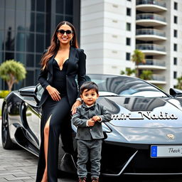 A beautiful, wealthy woman in an elegant black outfit stands alongside an adorable 4-year-old boy, who radiates charm