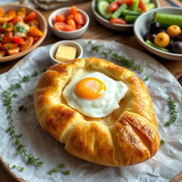 A beautifully presented traditional Georgian dish, khachapuri, which is a cheese-filled bread typically shaped like a boat