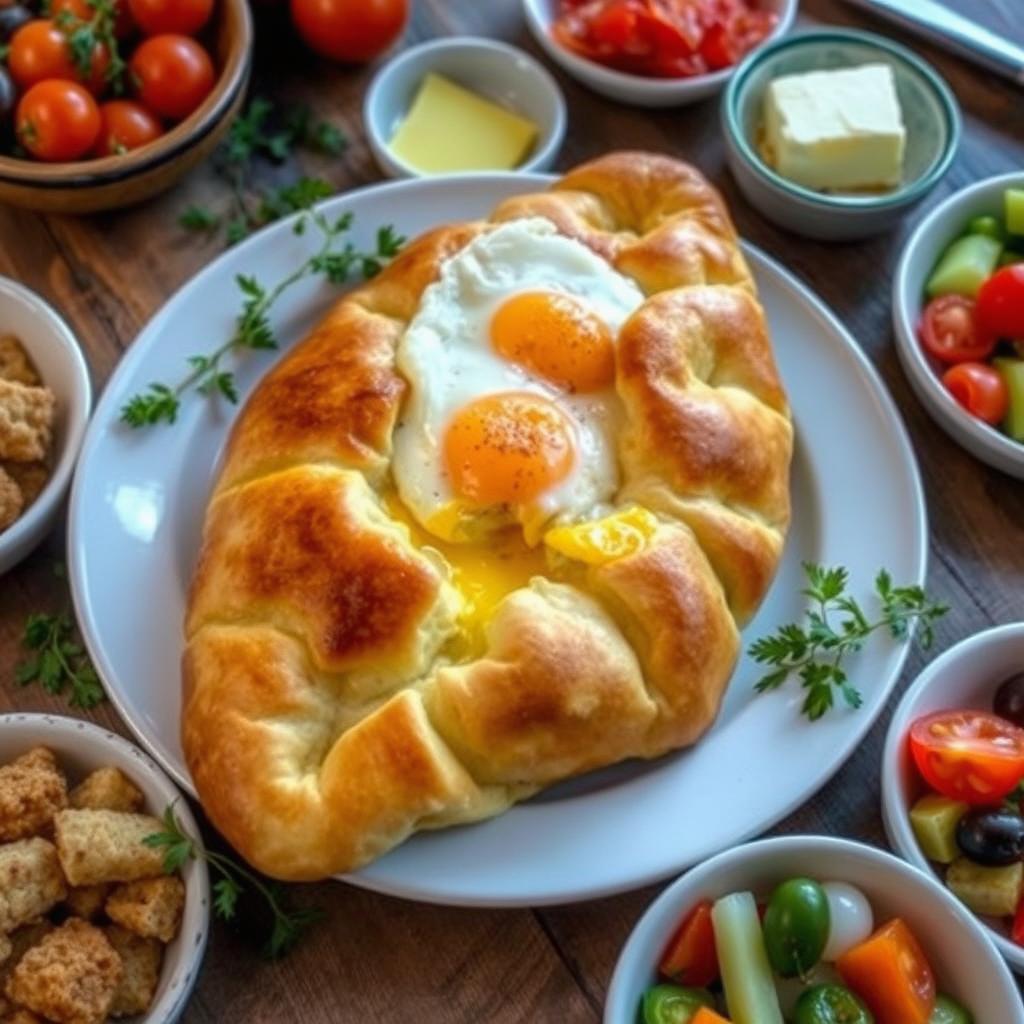 A beautifully presented traditional Georgian dish, khachapuri, which is a cheese-filled bread typically shaped like a boat