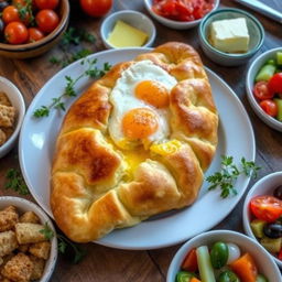 A beautifully presented traditional Georgian dish, khachapuri, which is a cheese-filled bread typically shaped like a boat