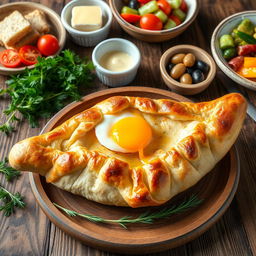 A beautifully presented traditional Georgian dish, khachapuri, which is a cheese-filled bread typically shaped like a boat