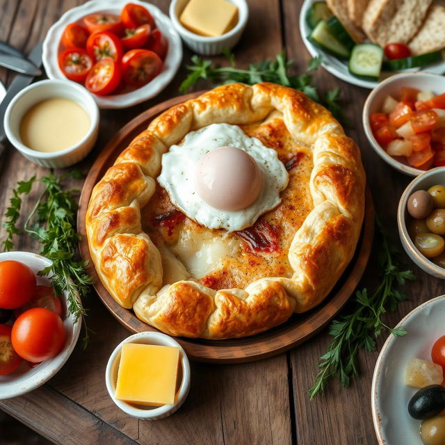 A beautifully presented traditional Georgian dish, khachapuri, which is a cheese-filled bread typically shaped like a boat