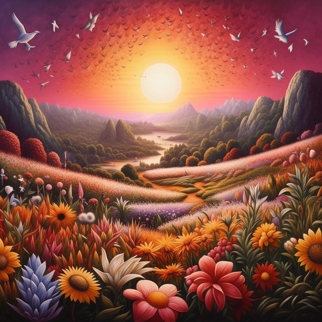 Brighten the mood of the vibrant John William North-style landscape painting, infusing it with cheerful elements like blooming flowers, chirping birds, and a dazzling sun.