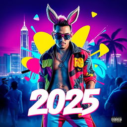 A vibrant and dynamic album cover featuring a charismatic male artist with a stylish urban outfit, reminiscent of Bad Bunny, with bold colors and abstract shapes surrounding him