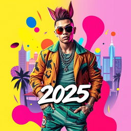 A vibrant and dynamic album cover featuring a charismatic male artist with a stylish urban outfit, reminiscent of Bad Bunny, with bold colors and abstract shapes surrounding him