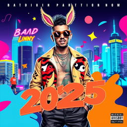 A vibrant and dynamic album cover featuring a charismatic male artist with a stylish urban outfit, reminiscent of Bad Bunny, with bold colors and abstract shapes surrounding him