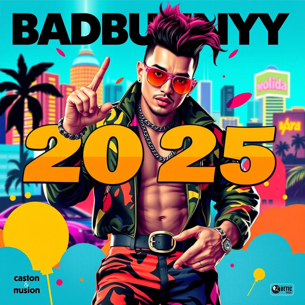 A vibrant and dynamic album cover featuring a charismatic male artist with a stylish urban outfit, reminiscent of Bad Bunny, with bold colors and abstract shapes surrounding him