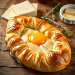 A beautifully arranged khachapuri, a traditional Georgian cheese-filled bread shaped like a boat