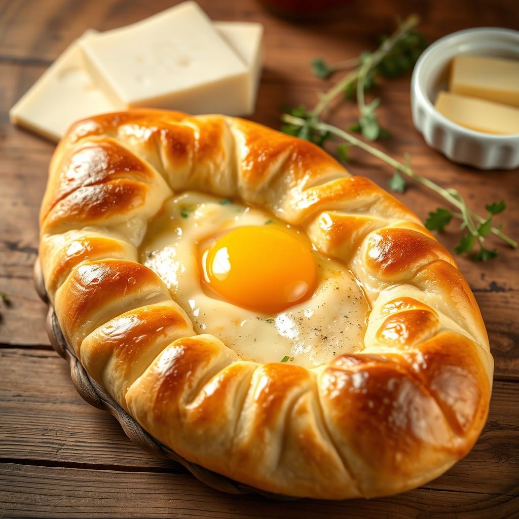 A beautifully arranged khachapuri, a traditional Georgian cheese-filled bread shaped like a boat
