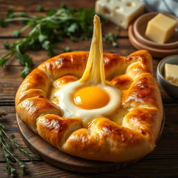 A beautifully arranged khachapuri, a traditional Georgian cheese-filled bread shaped like a boat