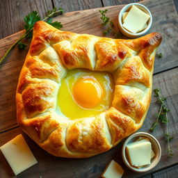 A beautifully arranged khachapuri, a traditional Georgian cheese-filled bread shaped like a boat