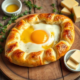 A beautifully arranged khachapuri, a traditional Georgian cheese-filled bread shaped like a boat