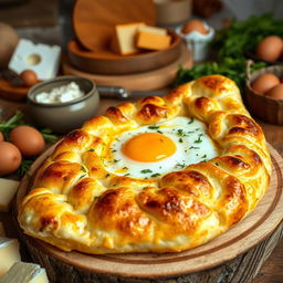 A beautifully arranged Georgian Khachapuri, featuring a golden brown crust shaped like a boat, overflowing with melted cheese, a soft sunny-side-up egg in the center, and a sprinkle of fresh herbs on top