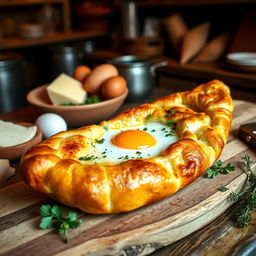 A beautifully arranged Georgian Khachapuri, featuring a golden brown crust shaped like a boat, overflowing with melted cheese, a soft sunny-side-up egg in the center, and a sprinkle of fresh herbs on top