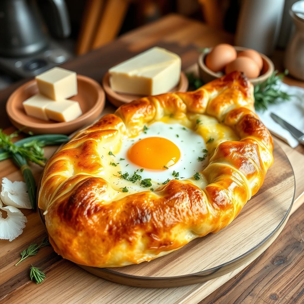 A beautifully arranged Georgian Khachapuri, featuring a golden brown crust shaped like a boat, overflowing with melted cheese, a soft sunny-side-up egg in the center, and a sprinkle of fresh herbs on top
