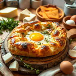 A beautifully arranged Georgian Khachapuri, featuring a golden brown crust shaped like a boat, overflowing with melted cheese, a soft sunny-side-up egg in the center, and a sprinkle of fresh herbs on top