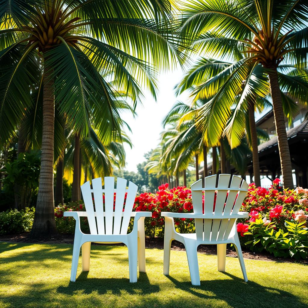 Two white plastic chairs placed in a lush garden, surrounded by tall palm trees swaying gently in the breeze