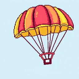 A pixel art style illustration of a colorful parachute, depicted in vibrant colors such as red, yellow, and blue, with a distinct pixelated texture