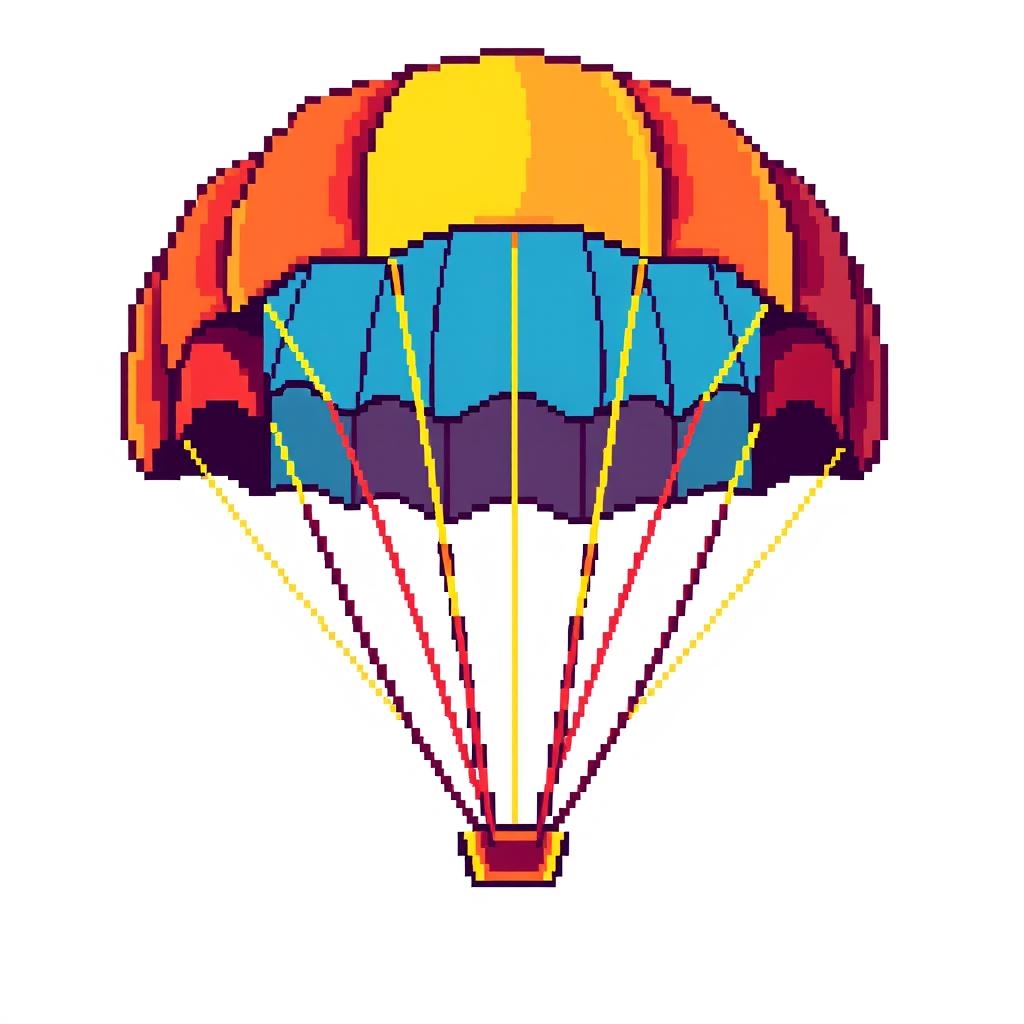 A pixel art style illustration of a colorful parachute, depicted in vibrant colors such as red, yellow, and blue, with a distinct pixelated texture