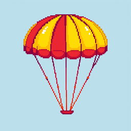 A pixel art style illustration of a colorful parachute, depicted in vibrant colors such as red, yellow, and blue, with a distinct pixelated texture