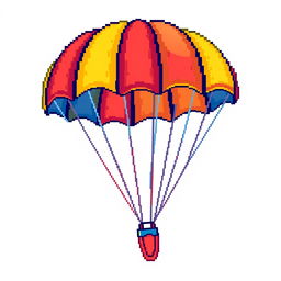 A pixel art style illustration of a colorful parachute, depicted in vibrant colors such as red, yellow, and blue, with a distinct pixelated texture