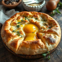 A beautifully crafted Georgian Khachapuri, a traditional cheese-filled bread, sitting on a rustic wooden table