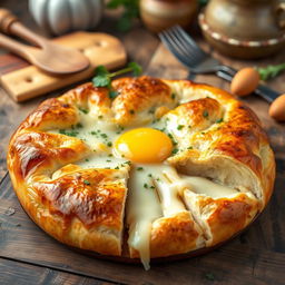 A beautifully crafted Georgian Khachapuri, a traditional cheese-filled bread, sitting on a rustic wooden table