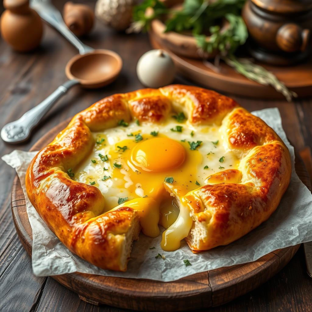 A beautifully crafted Georgian Khachapuri, a traditional cheese-filled bread, sitting on a rustic wooden table