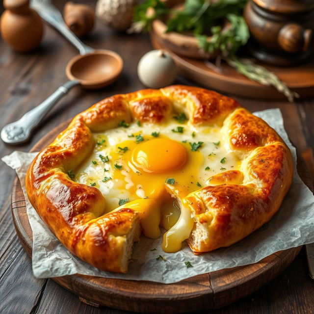 A beautifully crafted Georgian Khachapuri, a traditional cheese-filled bread, sitting on a rustic wooden table