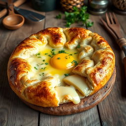 A beautifully crafted Georgian Khachapuri, a traditional cheese-filled bread, sitting on a rustic wooden table