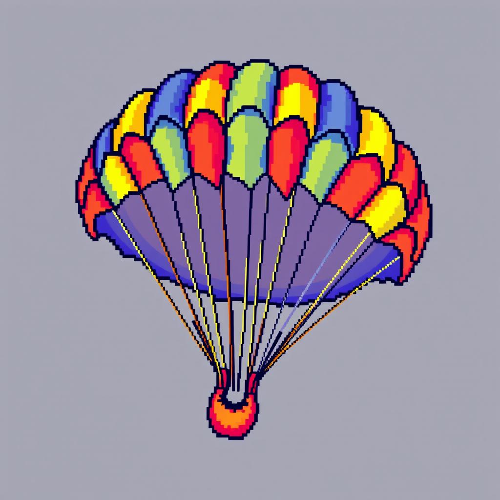 A detailed pixel art design of a parachute, featuring vibrant colors and intricate pixel patterns