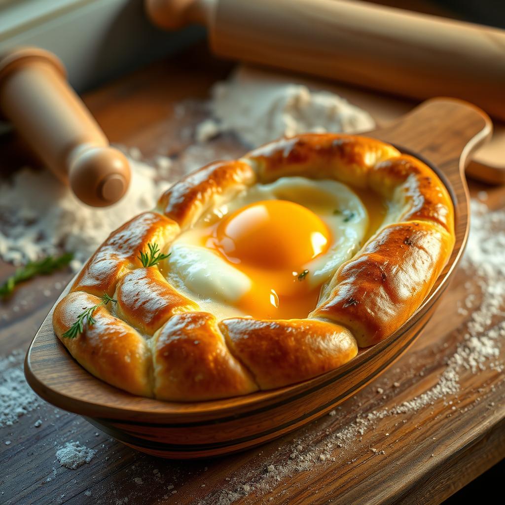 A beautifully styled Georgian Khachapuri, presented in a wooden boat-shaped dish