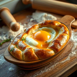 A beautifully styled Georgian Khachapuri, presented in a wooden boat-shaped dish