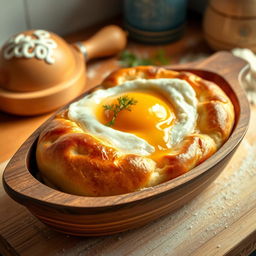 A beautifully styled Georgian Khachapuri, presented in a wooden boat-shaped dish