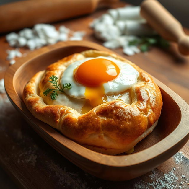 A beautifully styled Georgian Khachapuri, presented in a wooden boat-shaped dish