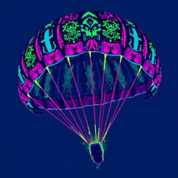 A vibrant pixel art depiction of a parachute, styled in a Cyberpunk aesthetic