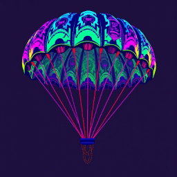 A vibrant pixel art depiction of a parachute, styled in a Cyberpunk aesthetic
