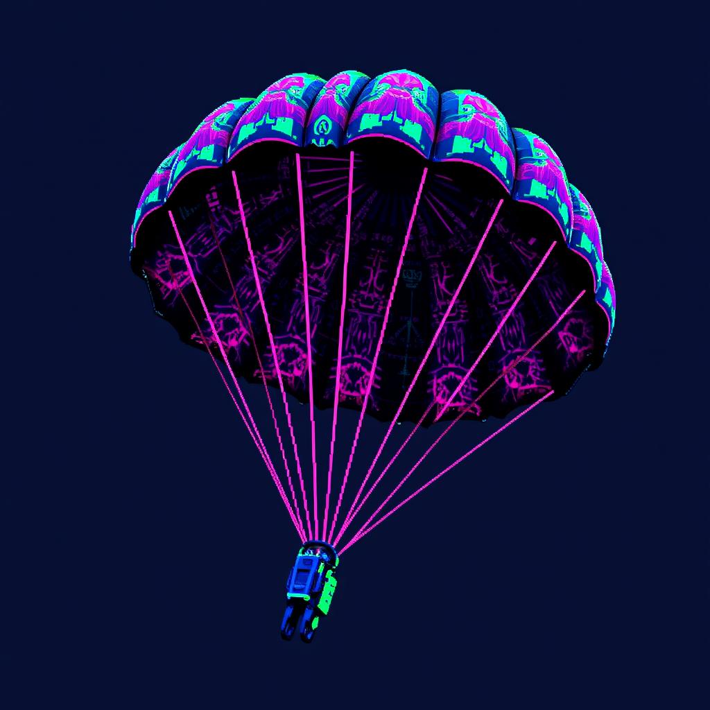 A vibrant pixel art depiction of a parachute, styled in a Cyberpunk aesthetic