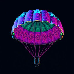 A vibrant pixel art depiction of a parachute, styled in a Cyberpunk aesthetic