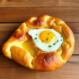 A delicious, traditional Georgian dish called Khachapuri, featuring a golden, perfectly baked bread with a gooey, melted cheese filling that oozes out from the center