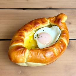 A delicious, traditional Georgian dish called Khachapuri, featuring a golden, perfectly baked bread with a gooey, melted cheese filling that oozes out from the center