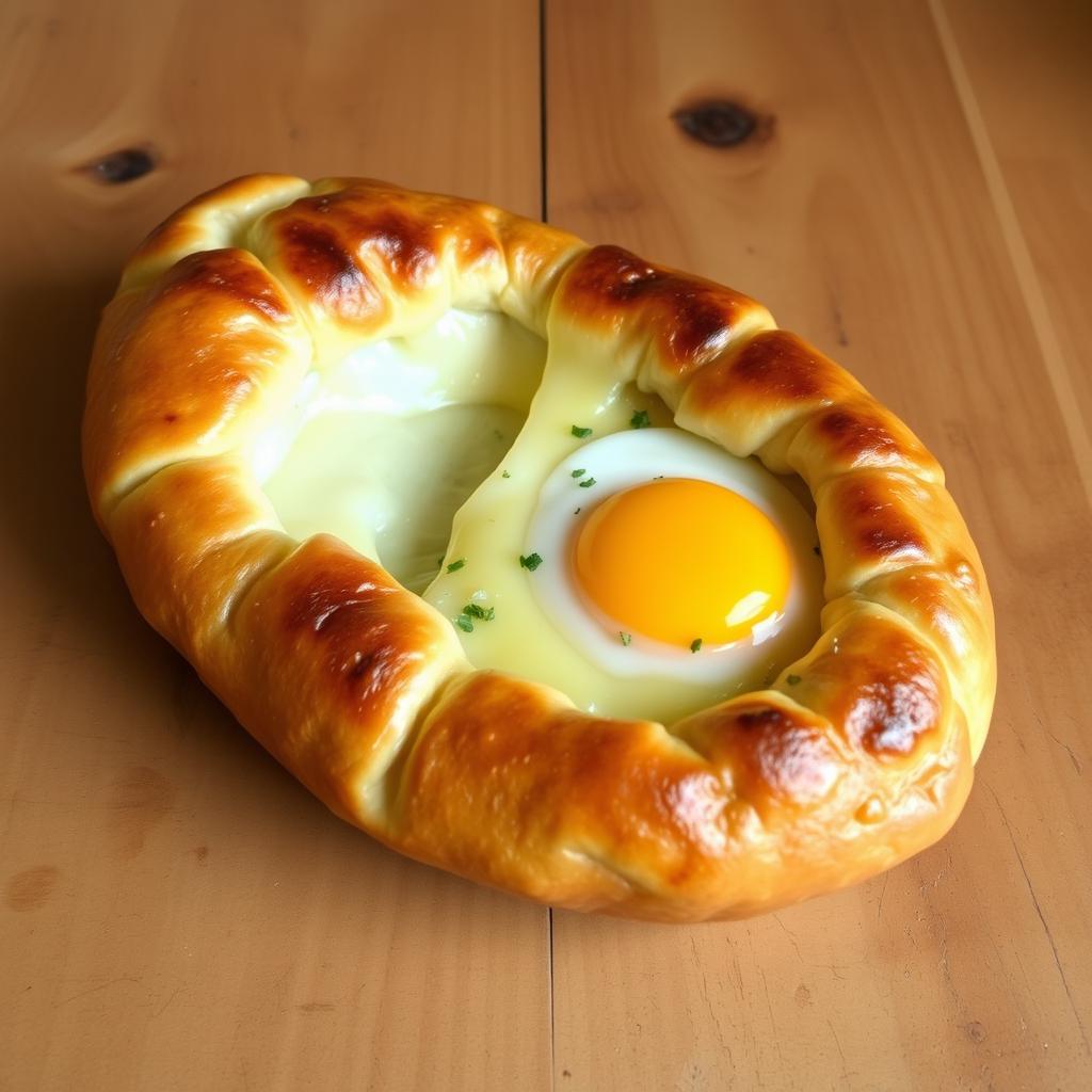 A delicious, traditional Georgian dish called Khachapuri, featuring a golden, perfectly baked bread with a gooey, melted cheese filling that oozes out from the center