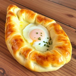 A delicious, traditional Georgian dish called Khachapuri, featuring a golden, perfectly baked bread with a gooey, melted cheese filling that oozes out from the center