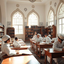 A serene Islamic school environment with young male students engaged in a religious study session