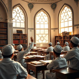 A serene Islamic school environment with young male students engaged in a religious study session