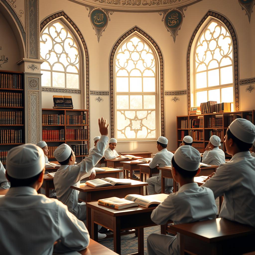 A serene Islamic school environment with young male students engaged in a religious study session