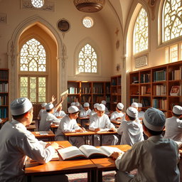 A serene Islamic school environment with young male students engaged in a religious study session