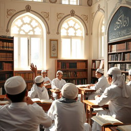 A serene Islamic school environment with young male students engaged in a religious study session