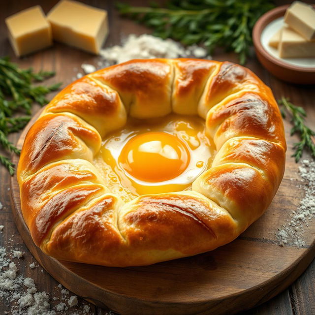 A mouthwatering traditional Georgian khachapuri, a cheese-filled bread; the crust is golden brown and perfectly baked, with melted cheese bubbling out of the center