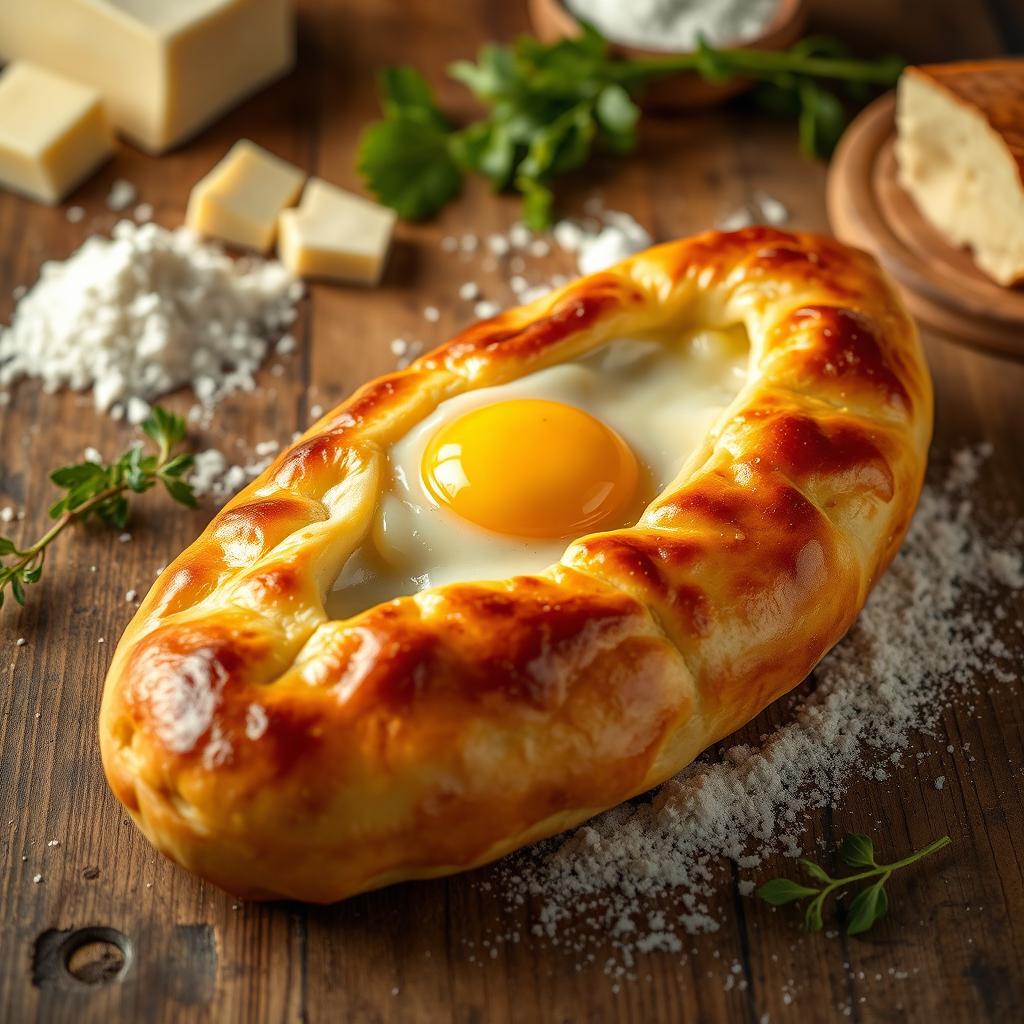 A mouthwatering traditional Georgian khachapuri, a cheese-filled bread; the crust is golden brown and perfectly baked, with melted cheese bubbling out of the center